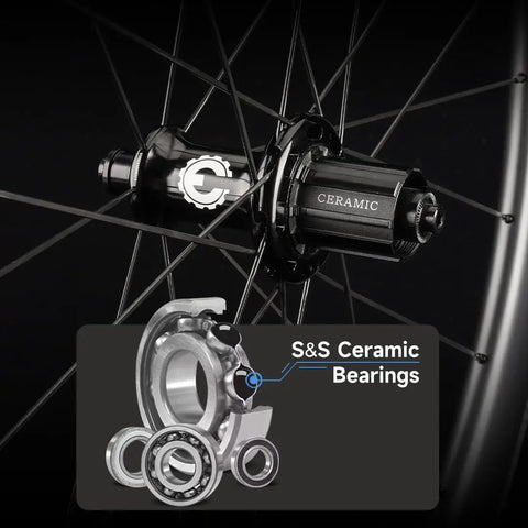 Close-up of Beast Carbon Fiber Road Bike Wheelset with Ceramic Bearings and Pillar 1423 spokes, focusing on ceramic hub.