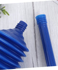 Heavy Hitter Two Piece Toilet Plunger Set With Grippy Handle To Kick Loose Stubborn Sink Clogs Using Rapid Air Surge For Smooth Bathroom Drain Clearing Zero Sweat Days, blue rubber plunger head and handle.