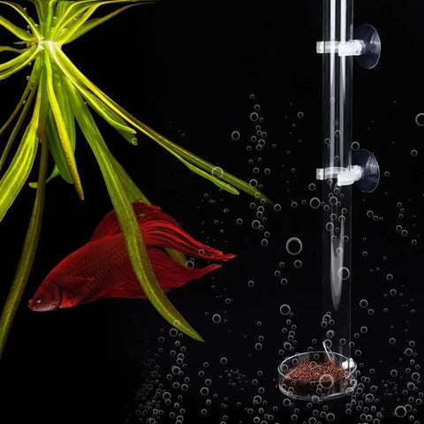 Crisp Acrylic Aquarium Feeder Tray, 9.84 Inch Leak Proof Fish Tank Feeding Tube with goldfish and bubbles.