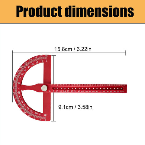 Product dimensions of Heavy Duty Angle Finder With Dead Nuts Secure Locking Swing Arm Reads Zero To One Eighty Degrees for precise angle measurement.