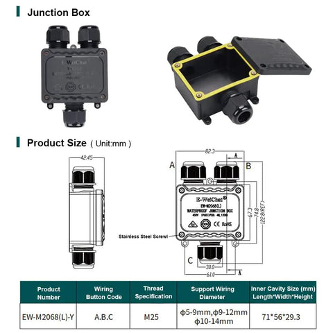 Diagram and size specs of Waterproof Junction Box 2 Pack IP68 Outdoor Underground Plastic Electrical Box 3 Way M25 4 Position Terminal Block