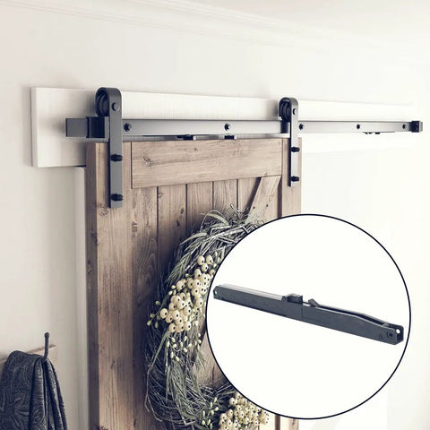 Soft Close Barn Door Hardware Kit For 42 Inch Door Fits 5 To 10 Feet Track In Two Solid Pieces For Quiet Smooth Sliding And No Fuss Install With Step By Step Instructions J Shape Track installed view