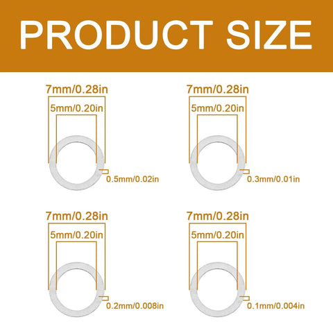 48 Piece M5x7mm Shim Washer Set Precision Steel Spacers showing size and thickness options 0.1, 0.2, 0.3, 0.5 mm in diagram