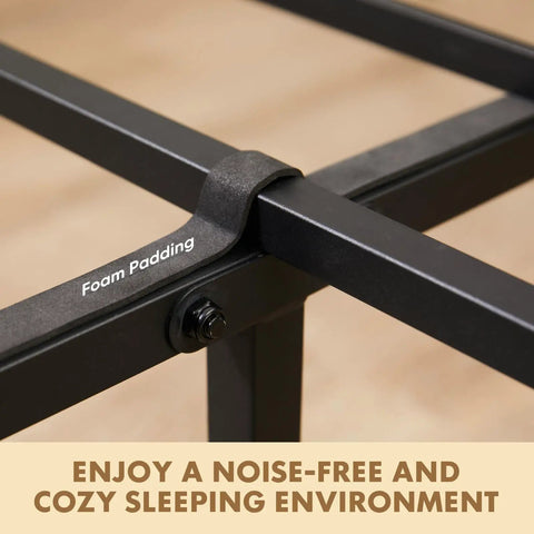 Close-up of foam padding on steel slats of Built Different Full Size Platform Bed Frame With Solid Wood Headboard And Footboard.