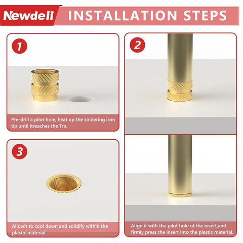 Installation instructions for Heat Set Threaded Inserts Kit Brass Knurled For Plastic And 3D Printing Components M2 To M6 Size Range.