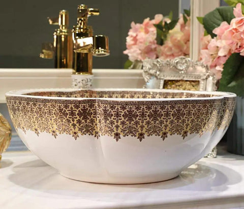 USZWBY Bathroom Sink, Countertop Basin Ceramic Sink with gold and brown floral design, round shape, stylish bathroom decor.