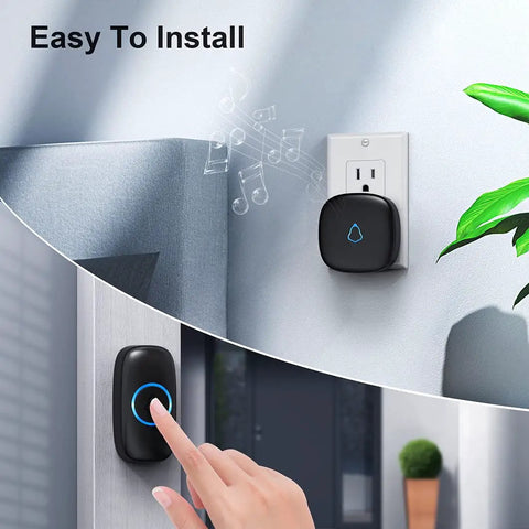 Wireless Doorbell System With Two Receivers And Two Push Buttons, Easy Setup, Adjustable Volume, 58 Chimes, Colorful LED, 1000 Foot Range, M520 F55, Black; plug-in receiver and button press