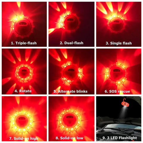 USB Rechargeable LED Road Flares Emergency Lights Kit With Magnetic Base Three Beacon Discs flashing modes