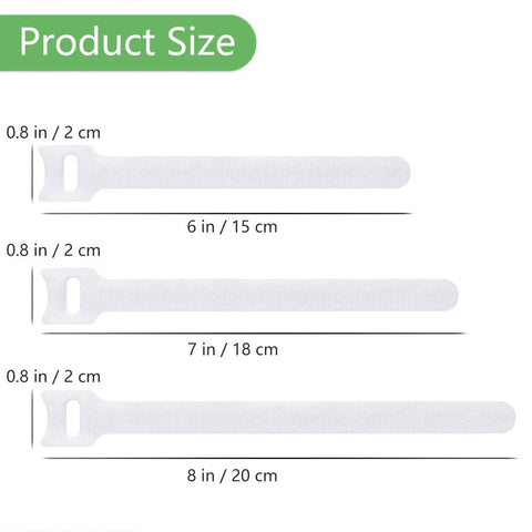 60 Pack Hook And Loop Cable Ties 6 7 8 Inch White size chart showing lengths and widths for cable management