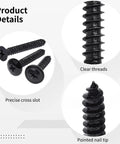 Close-up of 420 Piece Wood Screws Kit Set For Woodworking And Home Repair Black Carbon Steel Self Tapping Screws with details.
