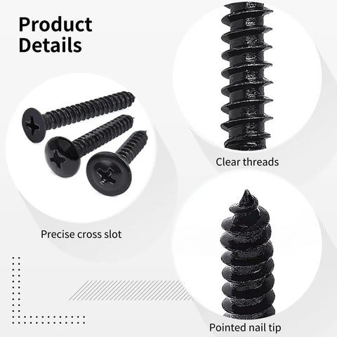 Close-up of 420 Piece Wood Screws Kit Set For Woodworking And Home Repair Black Carbon Steel Self Tapping Screws with details.