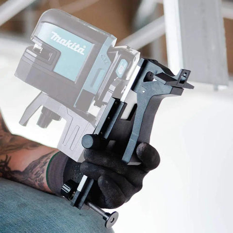 Dead On Accuracy 12V Cordless Self Leveling Laser Kit With Bright Red Cross Beams And Lightweight 2 Ah Battery held with a clamp.