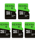 Five 32GB Micro SD Cards With SD Adapters UHS I C10 U1 High Speed Memory Cards For Smartphones Tablets Dash Cams Drones And Game Consoles Full HD Ready Grab And Go 5 Pack, shown in green and black color, front view.