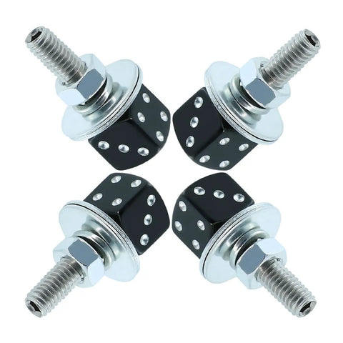 Dope Motorcycle License Plate Screws Four Piece Set Featuring Dice Bolt Decoration For Cars Bikes Hella Cool Custom Vehicle Hardware sleek black fasteners.