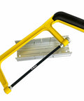 6 Inch Mini Hacksaw And Miter Block Set With Bi-Metal Blade Extra Fine Cut For Wood Plastic Glass Metal DIY Home Renovation And Craft Projects A Handy Portable Hand Saw Kit, showing yellow handle and aluminum block