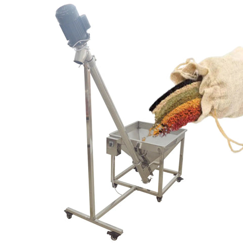 Beefy Stainless Steel Vertical Screw Conveyor Feeder With Inclined Auger For Granules And Powder, 66.9 Inch Lift in action.