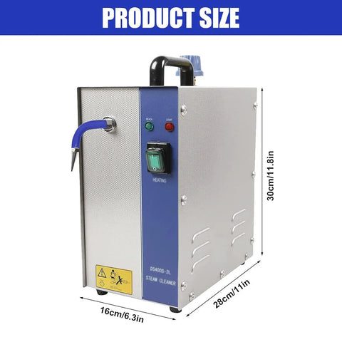 Heavy Duty Commercial Jewelry Steam Cleaner 1300W Professional Electric SteamJet For Gold Silver Gem Rings and Diamond Glow Up With 2L Stainless Steel Tank, side view with controls and dimensions.