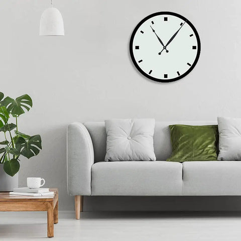 Wall clock with high torque silent DIY wall clock movement kit, two quartz movements, and 8 inch long hands above modern sofa.