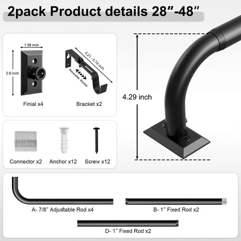 Heavy Duty Black Curtain Rods 2 Pack Wrap Around Style For 28 To 48 Inch Windows Adjustable Matte Black components view