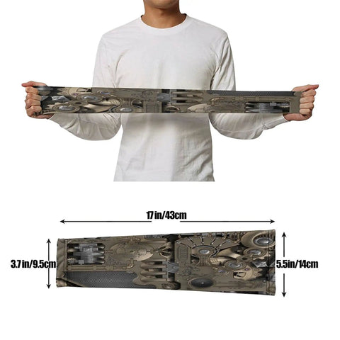 Kick The Heat With These Badass Steampunk Mechanical Gears Arm Sleeves Offering Superior UV Blocking And Sweat Free Compression Unisex Sun Guards displayed in hands, showing dimensions and design.