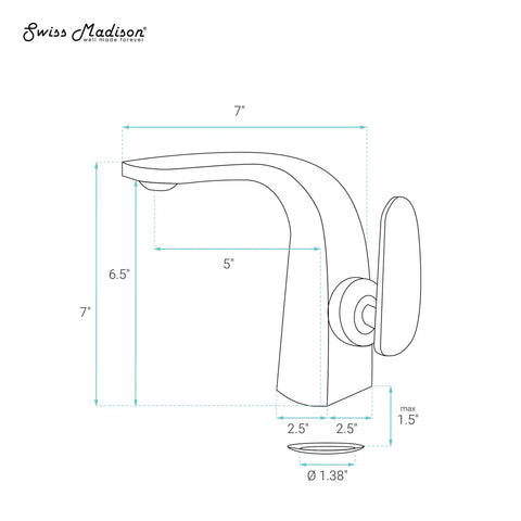 Diagram of Brushed Gold Single Hole Bathroom Faucet With Single Handle, Solid Brass Construction, 1.2 GPM Flow. Dimensions shown.