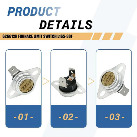 Product details showing the Two Pack 626612R Furnace Limit Switch L165-30F Auto Reset Safety Switch, front and side views.