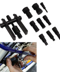 10 Pcs Motorcycle Internal Bearing Puller Kit With Storage Case Rock Solid Hardened Steel Jaws displayed with tools on a workbench.