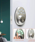 Keyless Entry Front Door Lock Set With Handle, Electronic Keypad Deadbolt, Auto Lock, Satin Nickel Finish on white door