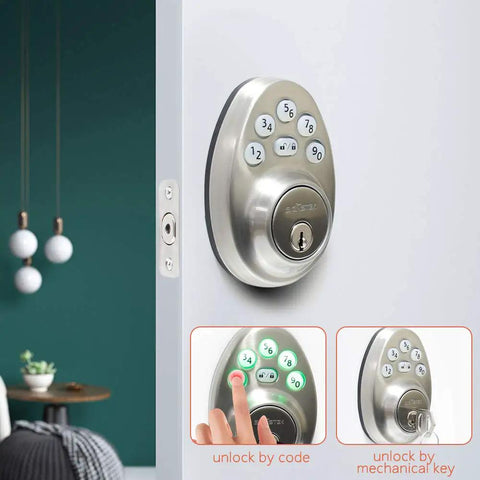 Keyless Entry Front Door Lock Set With Handle, Electronic Keypad Deadbolt, Auto Lock, Satin Nickel Finish on white door