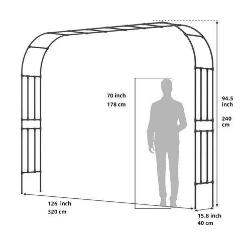 Dimensions of Beefy Garden Arch Trellis For Climbing Plants Outdoor 126 Inch Long 94.5 Inch High 15.8 Inch Wide with silhouette for scale