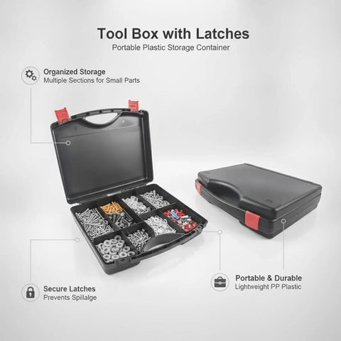 Open and closed views of Durable Plastic Tool Box With Secure Latching System For Grab And Go Storage Of Hardware and Small Parts