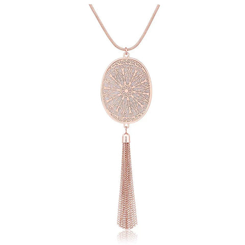 Long Layered Necklace Set For Women With Oval Disk Pendant And Tassel Fringe Y Shape Necklace In Rose Gold, Statement Jewelry For Everyday Or Party Wear