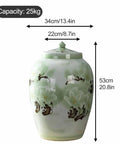 Total Pantry Flex That Keeps Grains Sealed Tight This Large Green Ceramic Rice Jar dimensions 34cm 22cm 53cm with floral design.