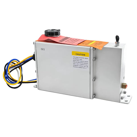Heavy Duty Electric Over Hydraulic Marine Grade Trailer Brake Actuator 1600 Psi side view showing connectors and caution labels.