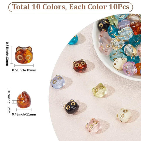 Colorful Acrylic Cat Beads Kit 100 Pcs, Cute 3D Cat Face Spacers in 10 Colors for Jewelry Making, showing various bead sizes and colors.