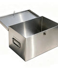 Portable Stainless Steel Tool Box With Heavy Duty Side Handles And Locking Lid And Hella Sturdy Metal Storage Organizer Built Like A Tank For Home Garage Workshop And Yard Projects, open lid view.