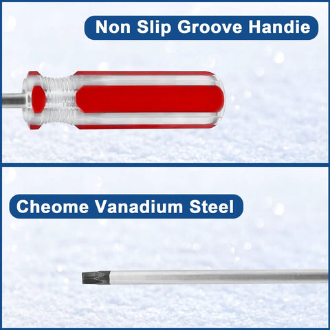 Non-slip ergonomic handle and chrome vanadium steel tip of Heavy Duty Magnetic Torx Screwdriver Set With Ergonomic Handles Includes Six Star Bits T10 T15 T20 T25 T27 T30 Forged From Tough Chrome Vanadium Steel For Quick Fixes And Nailing Every Fastener Like A Boss.