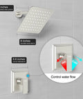8 Inch Rainfall Shower Head Shower Faucet Set With 3 Way Valve And Brushed Nickel Trim No Fuss Easy Install Single Function Shower System For Modern Bathrooms showing dimensions and control features.