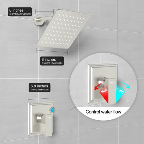 8 Inch Rainfall Shower Head Shower Faucet Set With 3 Way Valve And Brushed Nickel Trim No Fuss Easy Install Single Function Shower System For Modern Bathrooms showing dimensions and control features.