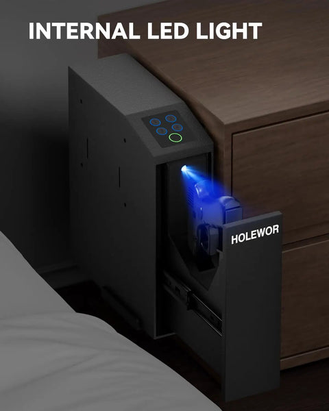 Lightning Fast Biometric Gun Safe For Bedside Handgun Storage Featuring Quick Draw Sliding Door Design And Foolproof Fingerprint Scanner For Super Secure Home Defense Setup with internal LED light