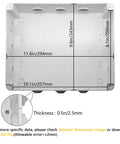 Interior view of Rugged ABS Plastic IP65 Weatherproof Electrical Junction Box Enclosure with dimensions for outdoor projects.
