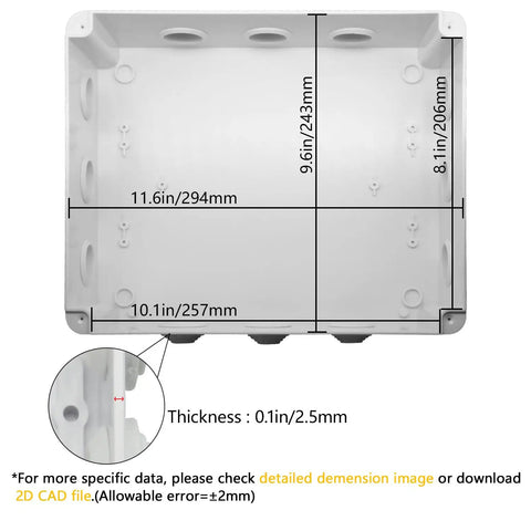 Interior view of Rugged ABS Plastic IP65 Weatherproof Electrical Junction Box Enclosure with dimensions for outdoor projects.