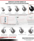 Top Shelf Stainless Steel Glass Filled Swivel Top Plate Caster Set Of Four With 8 Inch Badass Heavy Duty Nylon Wheels diagram showing wheel sizes and features.