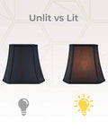 Unlit and lit views of Dope Square Cut Corner Bell Lamp Shade 5 X 10 X 8.75 Black With Gold Lining 2 Pack Silk Type Shantung Or Linen Standard Spider Fitter Brass Washer Ready To Shine