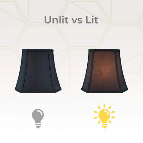 Unlit and lit views of Dope Square Cut Corner Bell Lamp Shade 5 X 10 X 8.75 Black With Gold Lining 2 Pack Silk Type Shantung Or Linen Standard Spider Fitter Brass Washer Ready To Shine