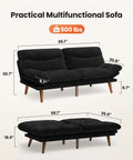 66 Inch Convertible Futon Sofa Bed With Corduroy Upholstery shown in sofa and bed positions, black frame, dimensions labeled