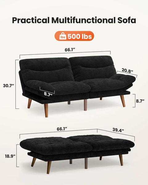 66 Inch Convertible Futon Sofa Bed With Corduroy Upholstery shown in sofa and bed positions, black frame, dimensions labeled
