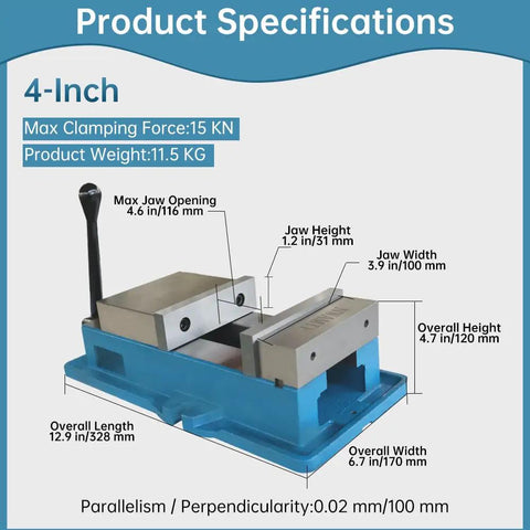 Beefy Heavy Duty 4 Inch Milling Vise With 3.9 Inch Jaw Width CNC Bench Clamp High Precision Drill Press Vise 45 Degree Downward Force Clamping For Milling Drilling And Shaping Machines, 4-inch blue cast iron vise