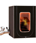 Resin 3D Printer Enclosure With Temperature Control, Odor Busting, LED Lighting, Adjustable Fan Speed, Dust Shield, Quiet Operation, And Real Time Humidity Monitor For A Clean, Consistent Printing Environment, viewed from front angle showing tubing and interior details.