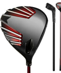 Aerodynamic Titanium Golf Driver For Men Featuring Slotted Carbon Shaft And Rear Mass Weighting close up of club head and shaft